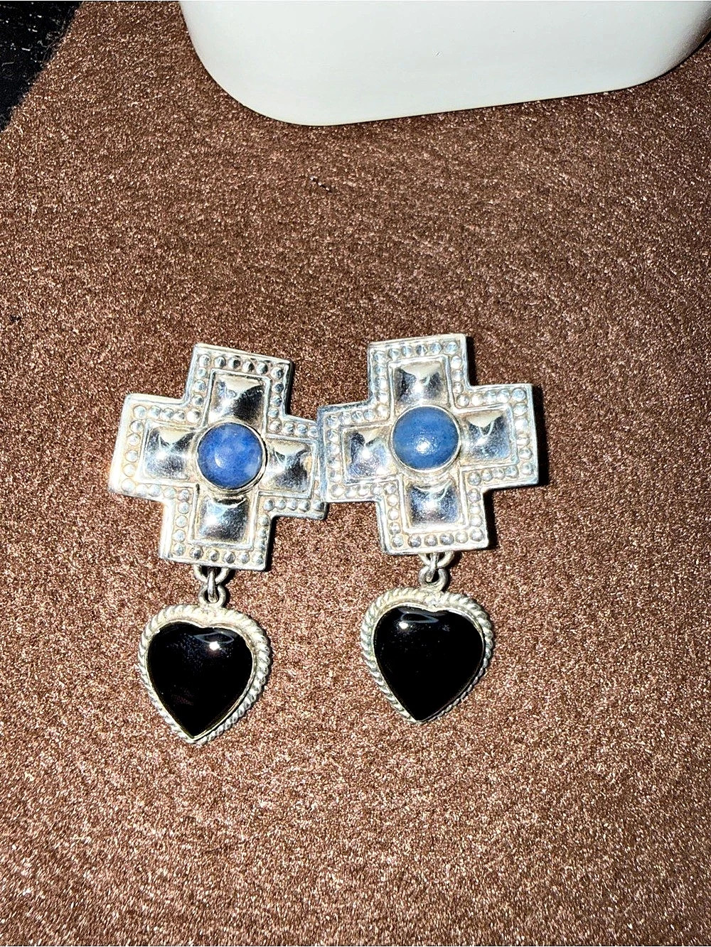 Cross & Heart Clip-On Earrings in Silver & Blue
